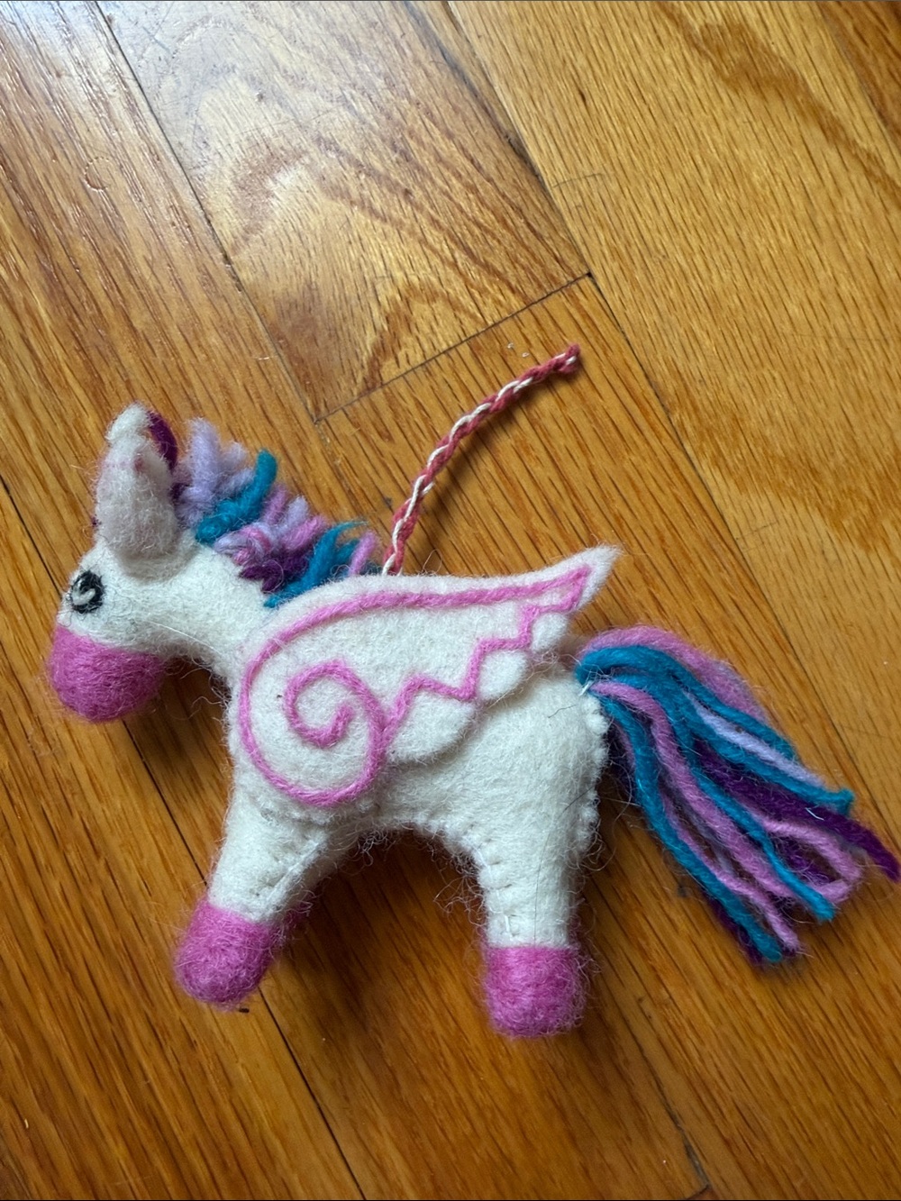 White Felt Unicorn Ornament 3” tall